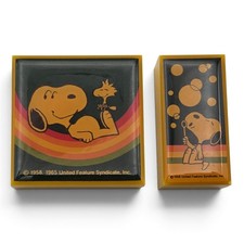 Vtg Lot of 2 SNOOPY & Woodstock Peanuts Rainbow Bubbles Trinket Box Pair Yellow picture