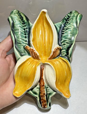 Vintage Majolica Ceramic Yellow Green Enamel Orchid Flower Wall Vase Japan picture
