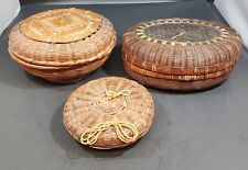 Set of 3 Vintage Handmade Rattan and Bamboo Woven Round Basket with Lids picture