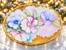 Antique Victorian Wheeling Pottery Hand Painted Pansy Plaque Gold Filigree picture