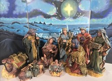 2001 Grandeur Noel Fabric Mache Nativity Set Bethlehem Village & Box 12 Pieces picture