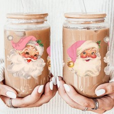 Vintage Pink Santa Glass Tumbler 17oz Christmas Holiday Great Gift for Friends picture