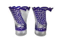 Vintage Early/Mid Century Rare Blue Hand Cut Artistic Crystal Vase Home Decor picture