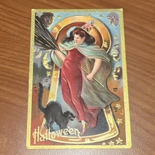 Embossed Halloween Witch & Black Cat Postcard - Unposted Divided Back c1907-15 picture
