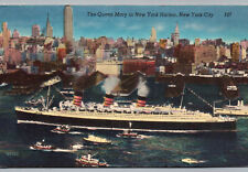 Postcard Queen Mary Ship in New York City Harbor 1954 Posted Linen picture