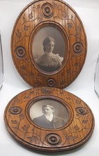 Antique Pair Flemish Art Nouveau Pyrography Wood Burned Oval Picture Frames Set picture