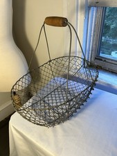 Large Vintage French Wire Farm Oval Basket Bucket w/ Wooden Handles Egg Fruit picture