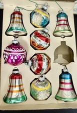 Vintage 1950s Shiny Brite Set 9 Glass Ornaments Striped Balls Bells w/Box Mica picture