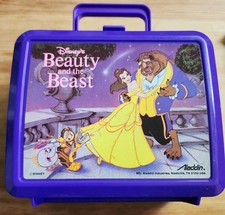 NEW vtg Disney Beauty & the Beast Purple Plastic Lunch Box w/Thermos Aladdin E2 picture