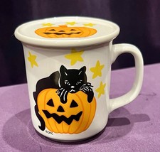 Vintage 90s OTC Black Cat Halloween Mug With Topper Saucer picture