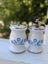 Vintage Pair Corning Ware Cornflower Salt Shaker & Pepper Mill/Grinder Ceramic picture