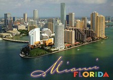 Aerial View of Miami Florida, Ocean, Buildings, Skyline, Bridge, FL --- Postcard picture