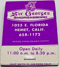 Sir George's Smorgasbord Restaurant San Diego HEMET California FULL Matchbook picture