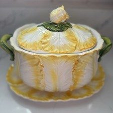 Lefton China Yellow Cabbage Leaf Tulip Soup Tureen with Underplate Japan Vintage picture