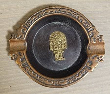 Vintage Small Hammered Copper Ashtray & Peru Mayan Aztec Ashtray Cat Figure picture