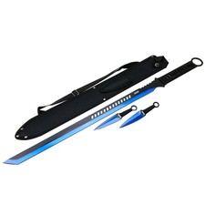 27'' Ninja Sword Tanto Full Tang 2 Tone Blade With 2 Throwing Knives Blue picture