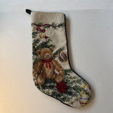 Vtg Lands' End Needlepoint Christmas Stocking Teddy Bear in Christmas Tree 19.5