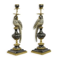 48 CM HUGE AIR OF BRONZE MOUNTED PORCELAIN PARROT CANDLE HOLDER NEW Candlesticks picture