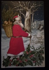 SILK ~Santa Claus in Snow~Winter Church Scene ~Antique~Christmas Postcard~s799 picture