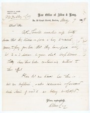 1869 Handwritten Letterhead Signed Allen & Long Law Firm Boston Massachusetts picture