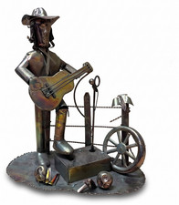 Vintage Brutalist Welded Metal Cowboy Guitar Figurine Western Musician Statue 12 picture