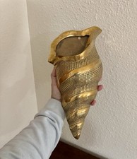 Vintage Mid Century Large Brass Conch Shells Wall Pocket picture