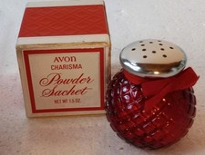 New In Box Avon CHARISMA Powder Sachet/Ruby Red Patterned Glass Jar #A-C. IA#5 picture