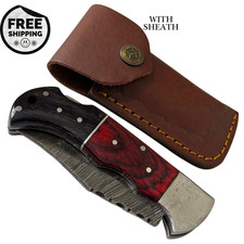 Handcrafted Damascus Steel Folding Pocket Knife Red Wood Handle EDC Sheath Gift picture