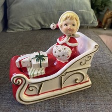 Vintage 2 pc Lefton ?Girl in Sleigh Christmas Covered Candy Dish picture