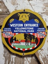 VINTAGE YELLOWSTONE PORCELAIN SIGN RARE OLD NATIONAL PARK UNION PACIFIC RAILWAY picture