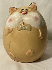 Vintage Studio Pottery Round Fat Cat Ceramic Coin Bank Whimsical Bow Tie Feline picture