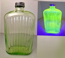 Vintage 1920s Anchor Hocking Ribbed Uranium Glass Water Fridge Bottle Depression picture
