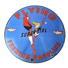 Vintage Flying A Gasoline Sign - Aviation Super Girl Porcelain Gas Pump Sign picture