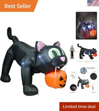 Giant 8FT Inflatable Black Cat Holding Pumpkin with LED Lights for Halloween Fun picture