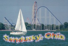 Cedar Point Roller Coaster, Sandusky Ohio, Sailboat on Lake Erie OH --- Postcard picture