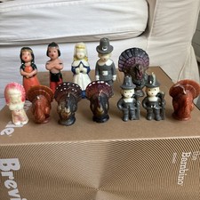 Gurley 12 pc Set VTG Thanksgiving Turkeys Native American & Pilgrim Candles picture