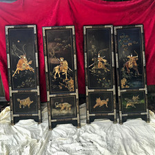 Set of 4 Asian Black Lacquered Wood Display Panels Jade Stone Geisha design picture