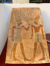 EGYPTIAN PHARAOH & DEITY RELIEF TABLET WALL PLAQUE - HAND-CARVED REPLICA, 8”x13 picture