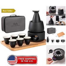 Ceramic Sake Set with Warmer Pot Bamboo Tray-Traditional Japanese Pottery Hot... picture