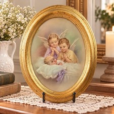 Vintage Gold Framed Print Wall Decor Baby and Angels Made in Italy 11” picture