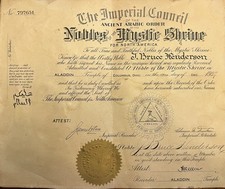 1927 Shriners A.A.O.N.M.S. Aladdin Temple Columbus Ohio Membership Certificate picture