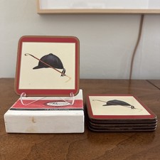 Vintage 4” x 4” Pimpernel “Riding Hat & Crop” Coasters w/ Cork, Made in England  picture