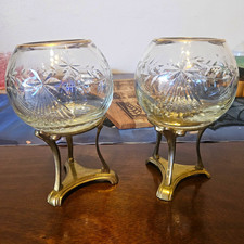 Vintage Matched Pair Cut Crystal Rose Bowls Ornate Brass Tripod Stands picture