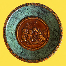 Title: Vintage Set of 3 6” Round Wall Plaques Horse Dog Cherubs Verdigris Bronze picture