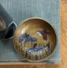 Vintage Enameled Hummingbird Trinket Dish Iris Flower Bowl Made in India picture