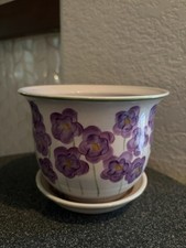 Norcal Pottery Planter With Attached Drain Dish Purple Flowers EUC picture