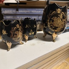 Vintage Porcelain Limoges France Cracked Egg Shaped Black/Gold 3 Footed Vase picture