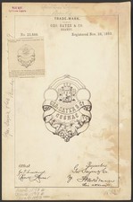 1893 Geo. Sayer & Co. Brandy Trademark Registration Ornamental Shield Logo picture