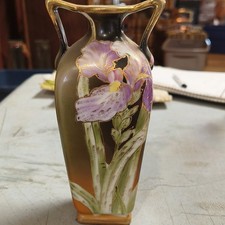 Nippon Japanese Hand Painted Handmade Double Handle Iris Floral Vase Gold Trim picture