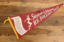 2 Vintage 1957 Shipstads & Johnson Ice Follies Felt Pennants Red & Navy Skater picture